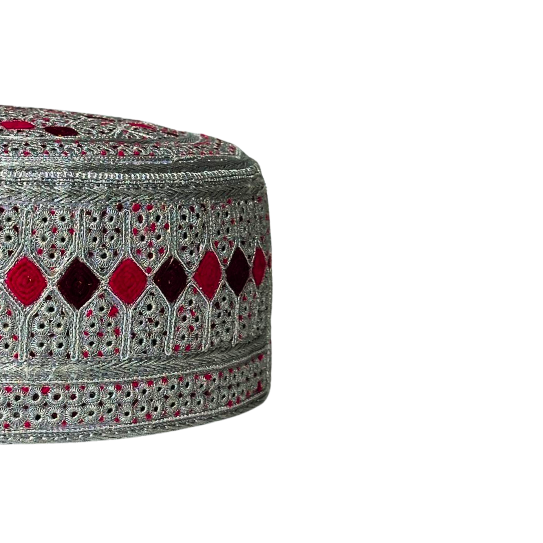 White Sindhi Topi - Pink And Purple Tikki - Pink Stitching - Raja Cap