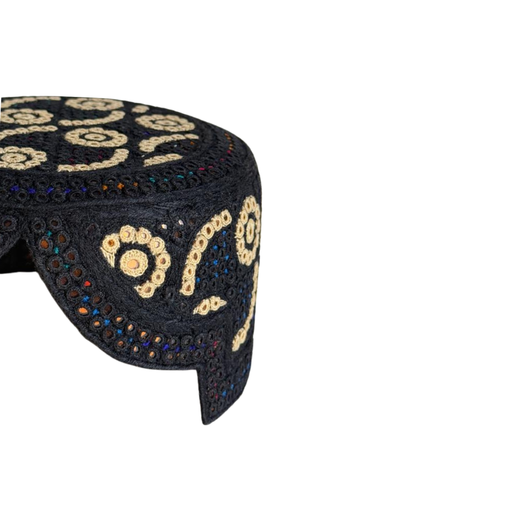 Black Sindhi Topi - Flower Design - Golden Shade - Nasir Bhai