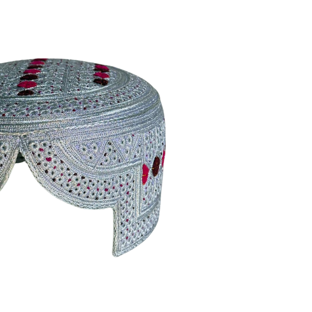 White Sindhi Topi - Pink Stitching - Brown and Pink Tikki - Raja Cap