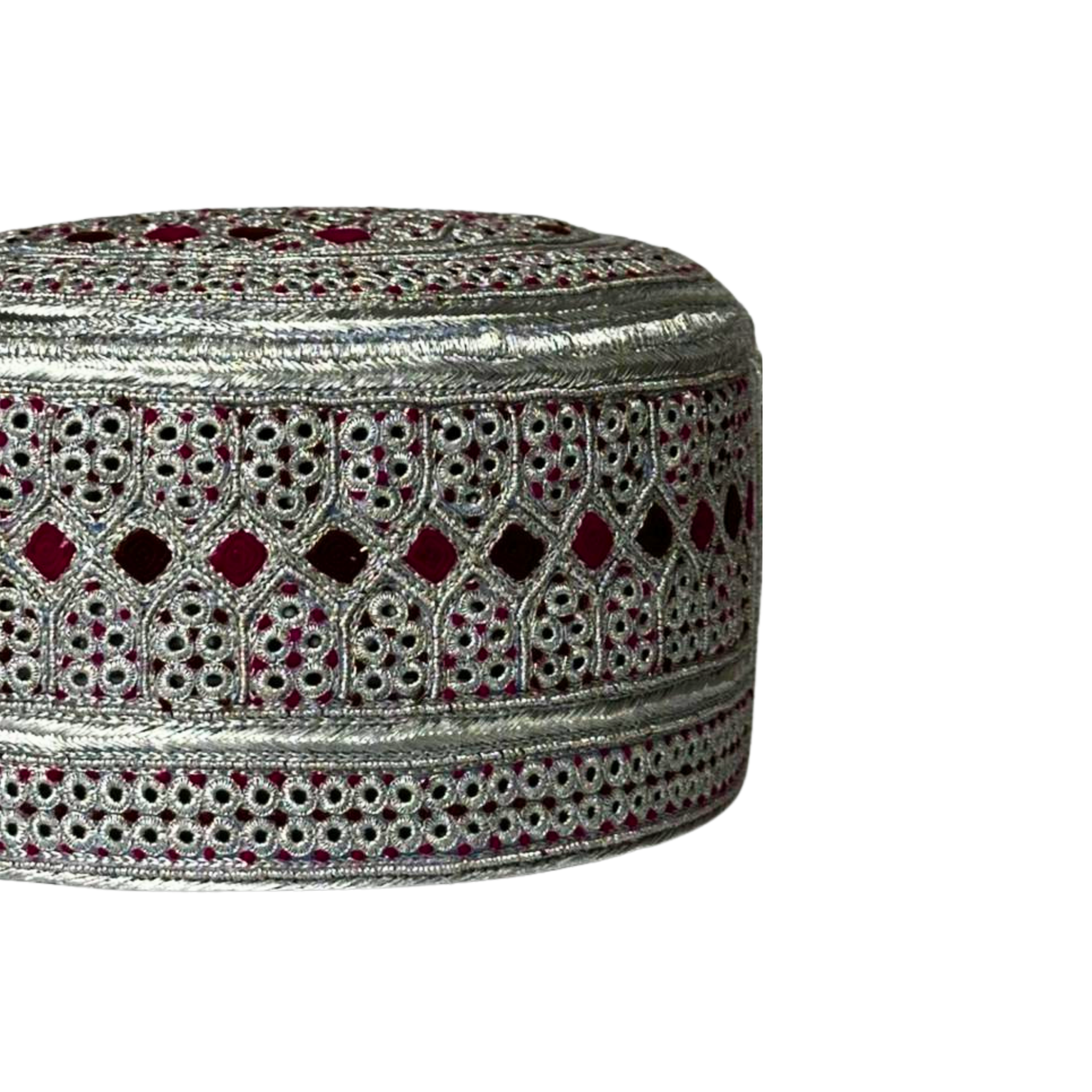 White Sindhi Topi - Maroon Stitching - Maroon And Red Tikki - Raja Cap