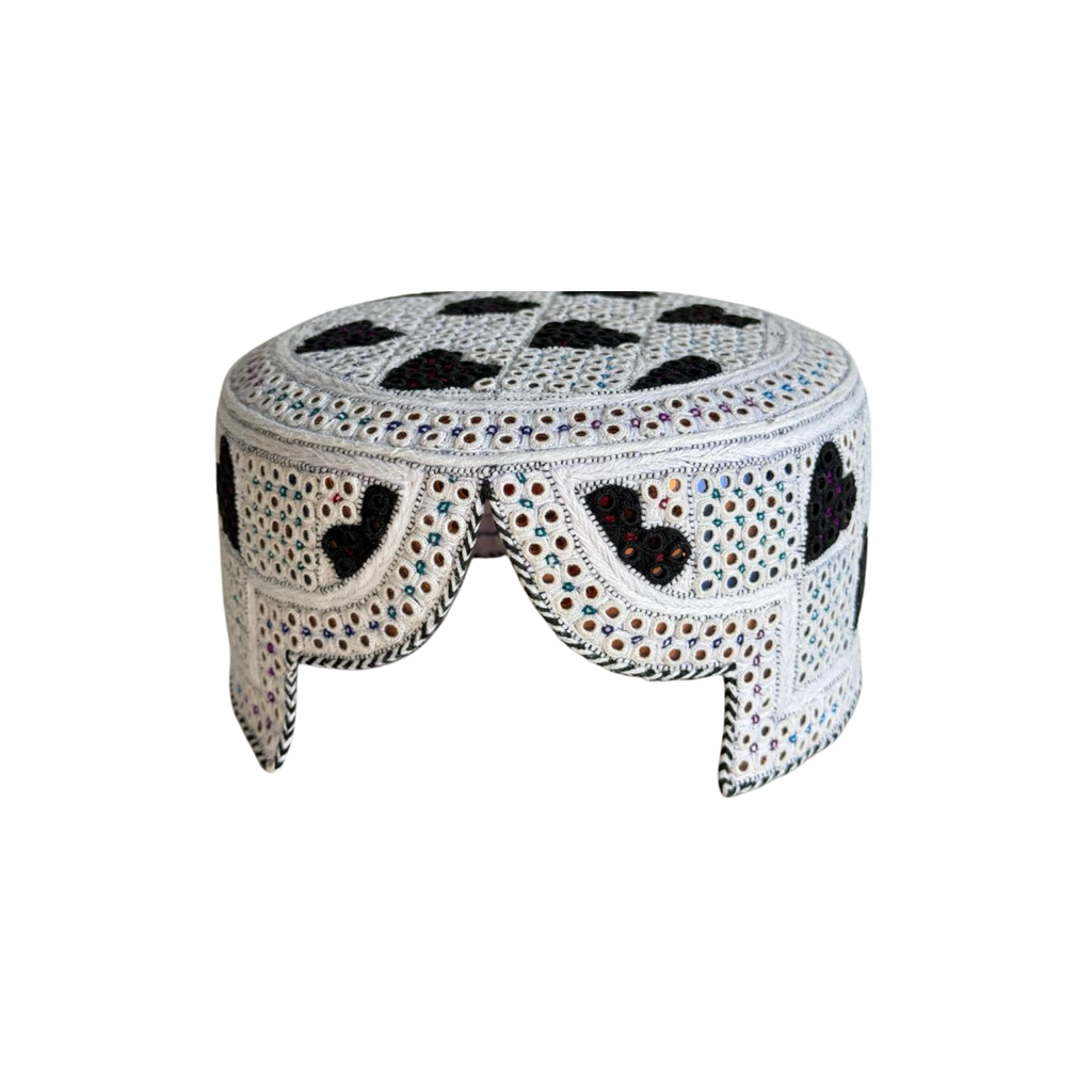 White Sindhi Topi - Heart Design - Blue Shade - Nasir Bhia