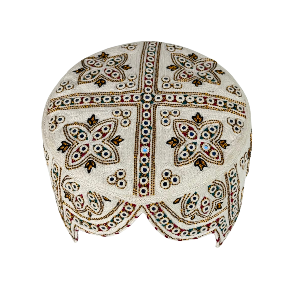 White Balochi Topi - Flower Design - Blue Shade - Nasir Bhai