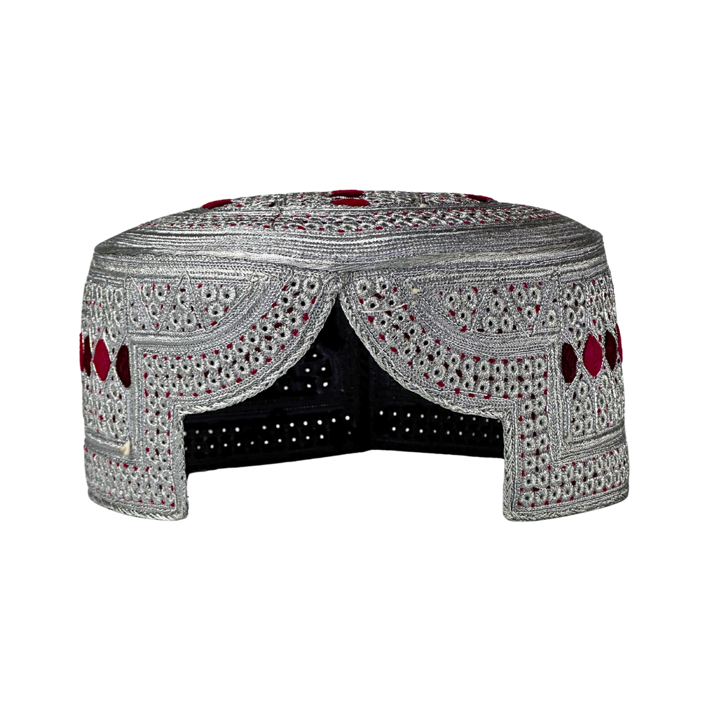 White Sindhi Topi - Pink Stitching - Dark Maroon And Pink Tikki - Raja Cap