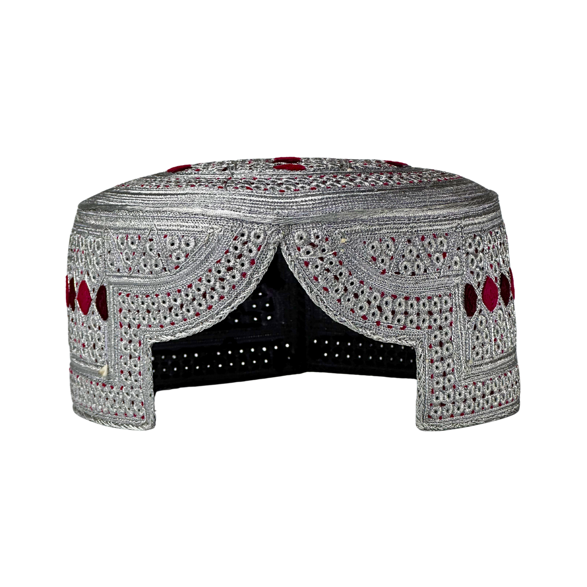 White Sindhi Topi - Pink Stitching - Dark Maroon And Pink Tikki - Raja Cap