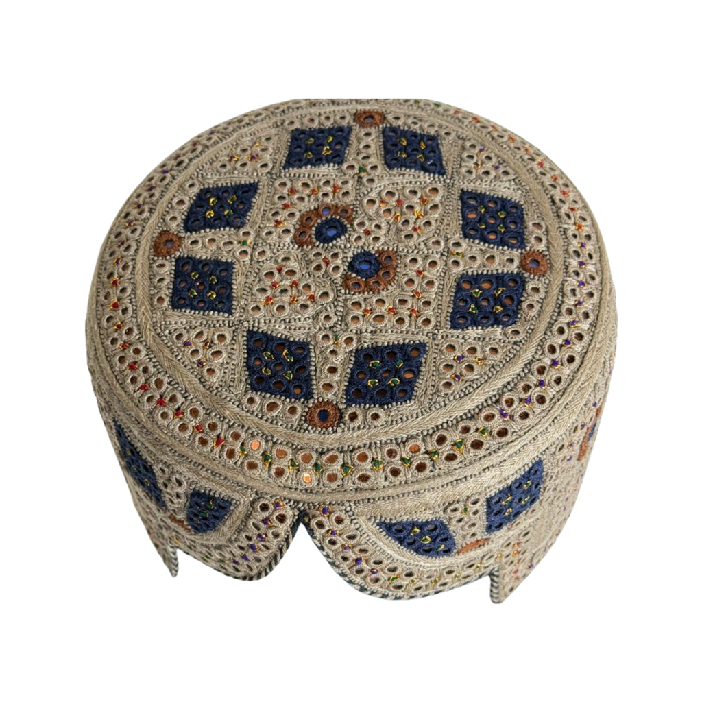 Light Brown Sindhi Topi - Traditional Design - Blue Shade - Nasir Bhai
