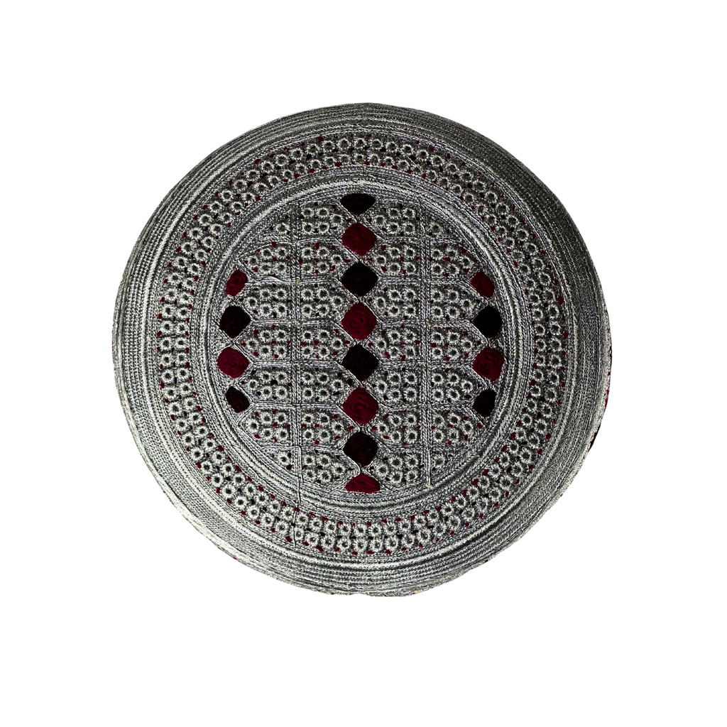 White Sindhi Topi - Pink Stitching - Dark Maroon And Pink Tikki - Raja Cap