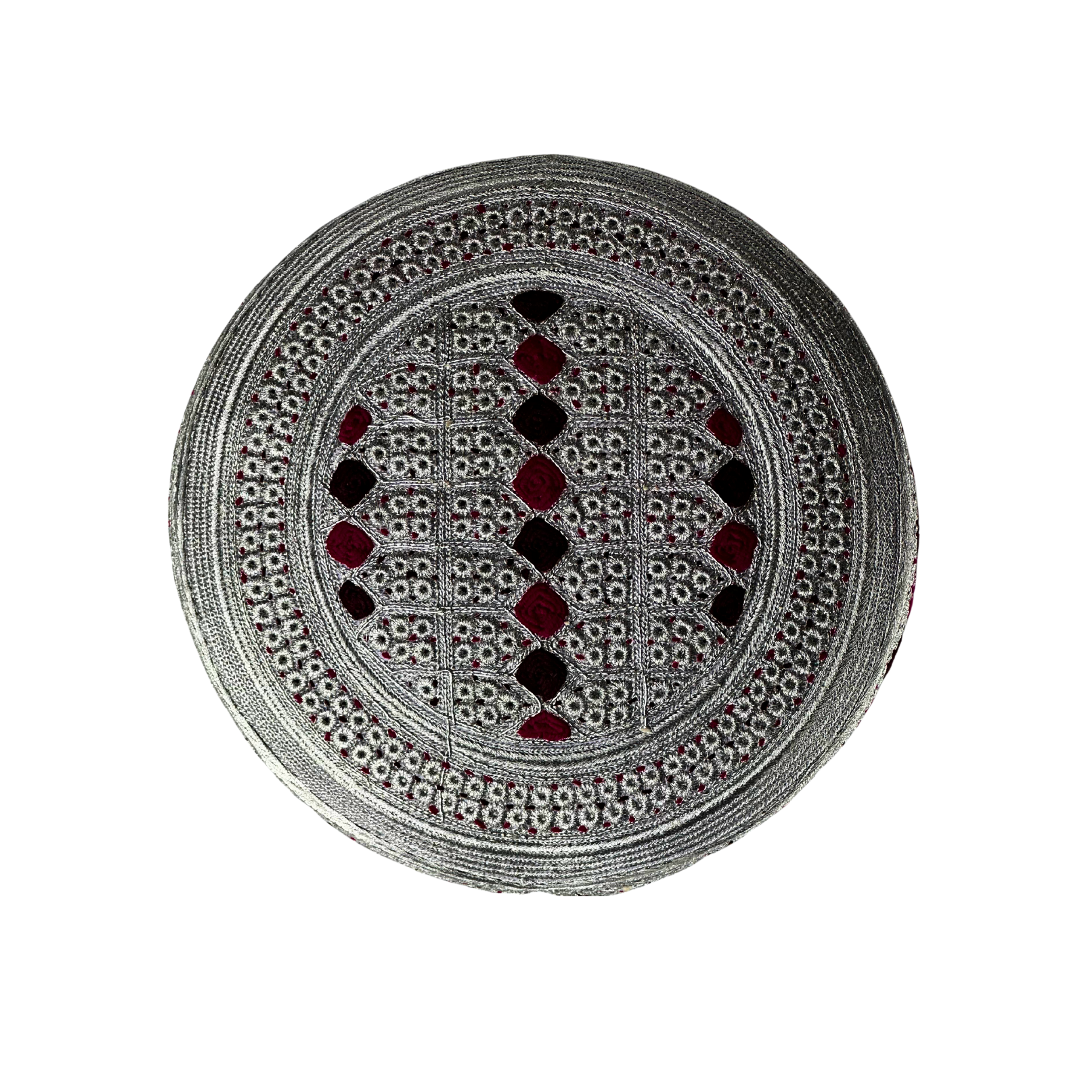 White Sindhi Topi - Pink Stitching - Dark Maroon And Pink Tikki - Raja Cap