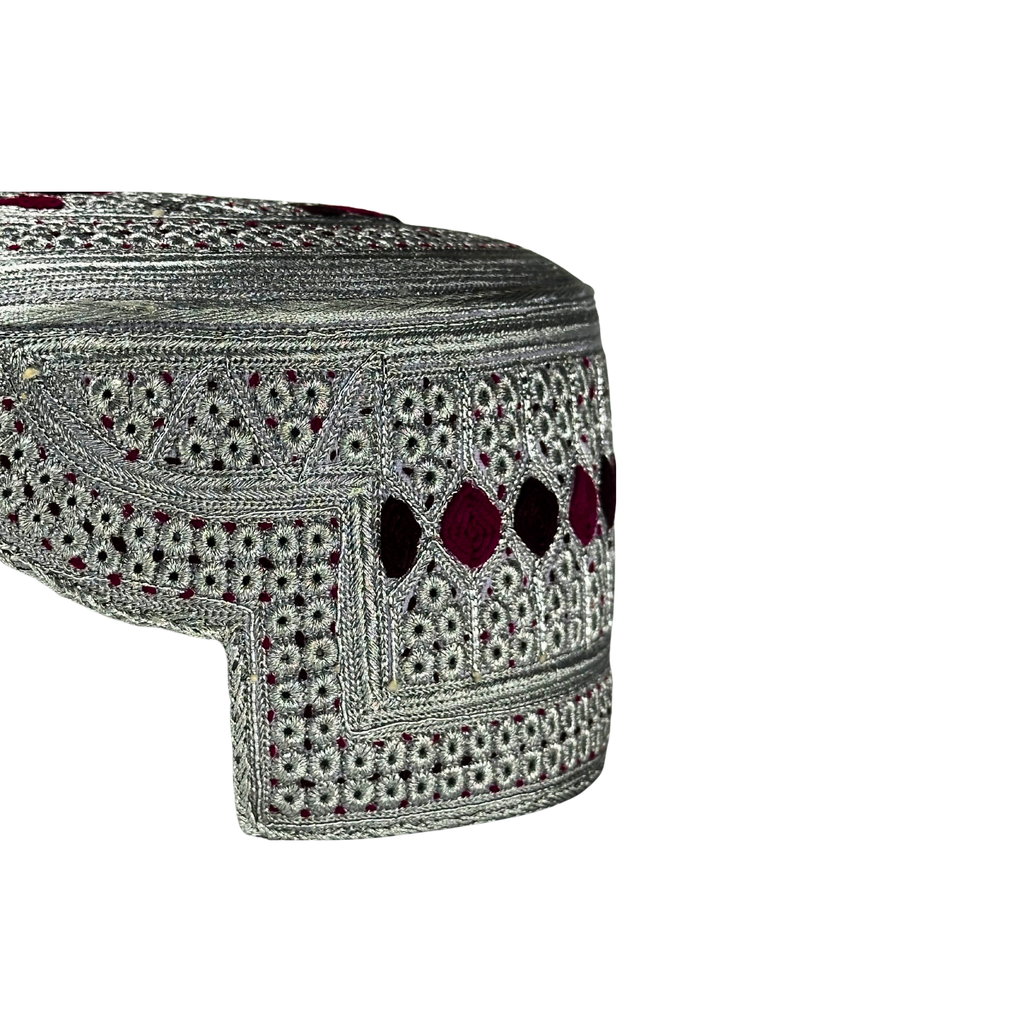 White Sindhi Topi - Pink Stitching - Dark Maroon And Pink Tikki - Raja Cap