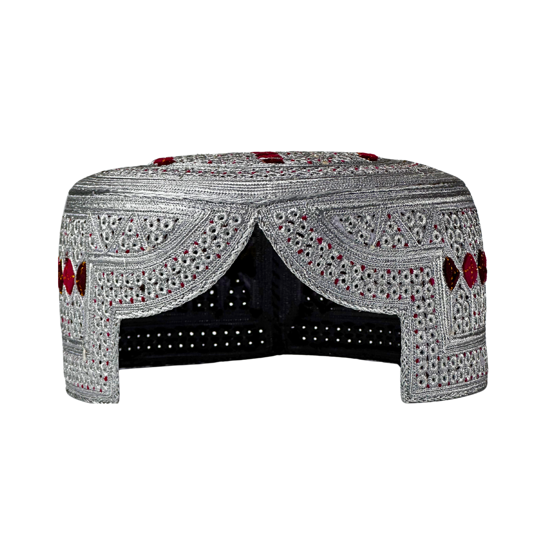 White Sindhi Topi - Pink Stitching - Red And Maroon Tikki - Raja Cap