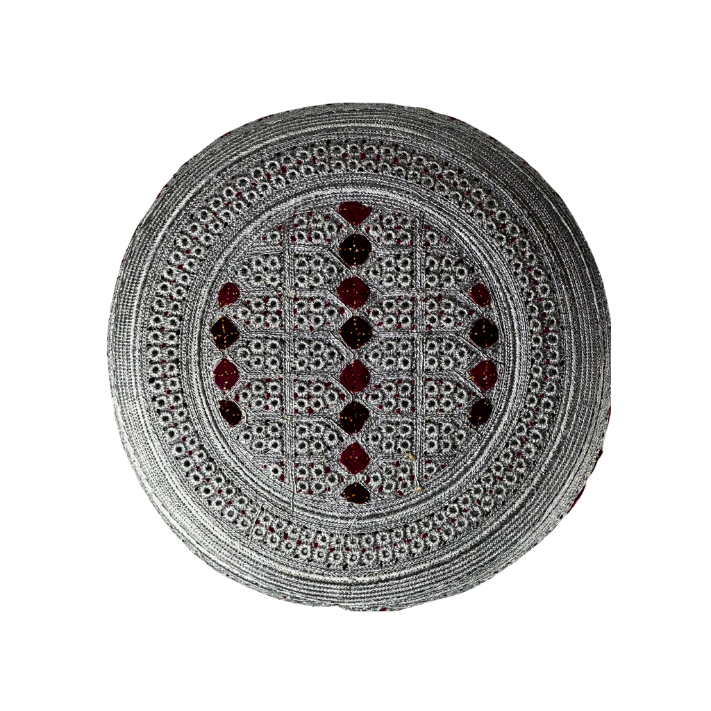 White Sindhi Topi - Pink Stitching - Red And Maroon Tikki - Raja Cap