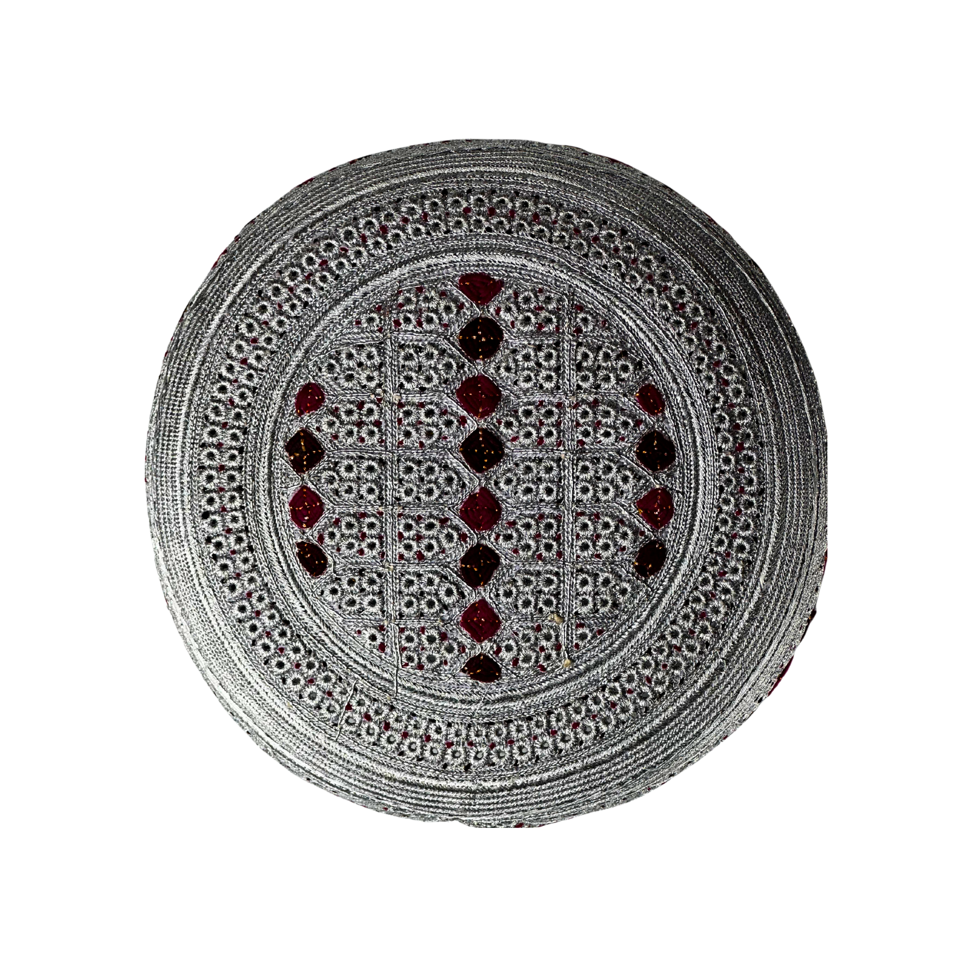 White Sindhi Topi - Pink Stitching - Red And Maroon Tikki - Raja Cap