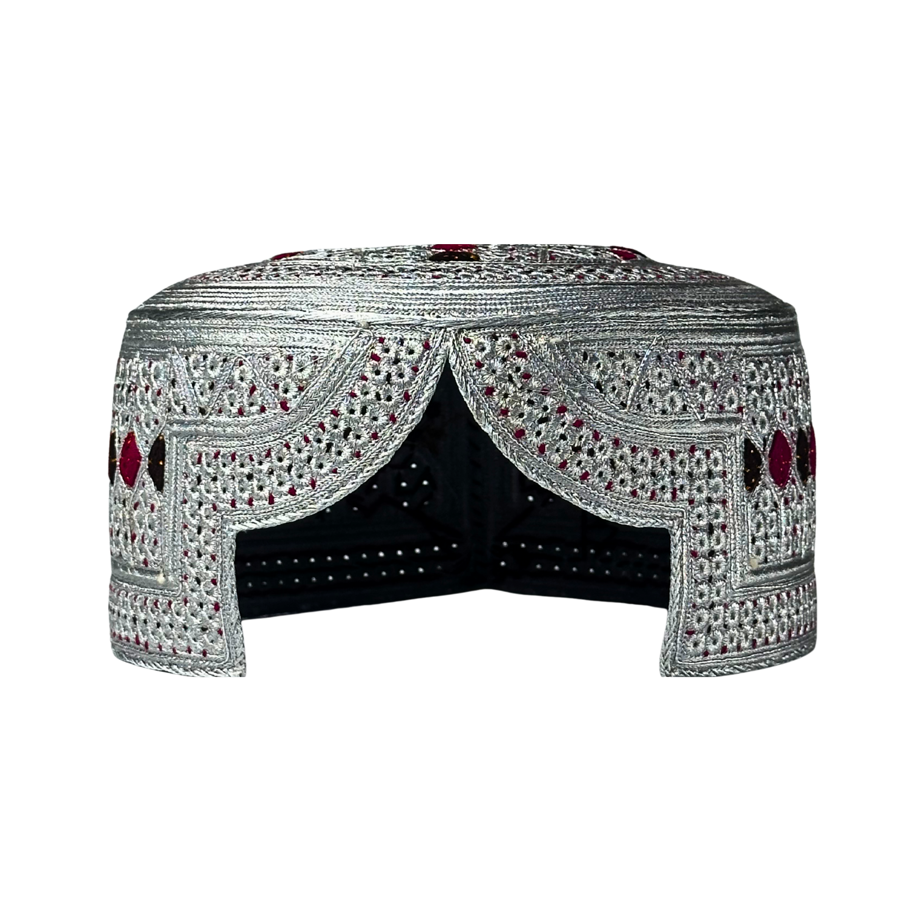 White Sindhi Topi - Pink Stitching - Purple And Pink Tikki - Raja Cap
