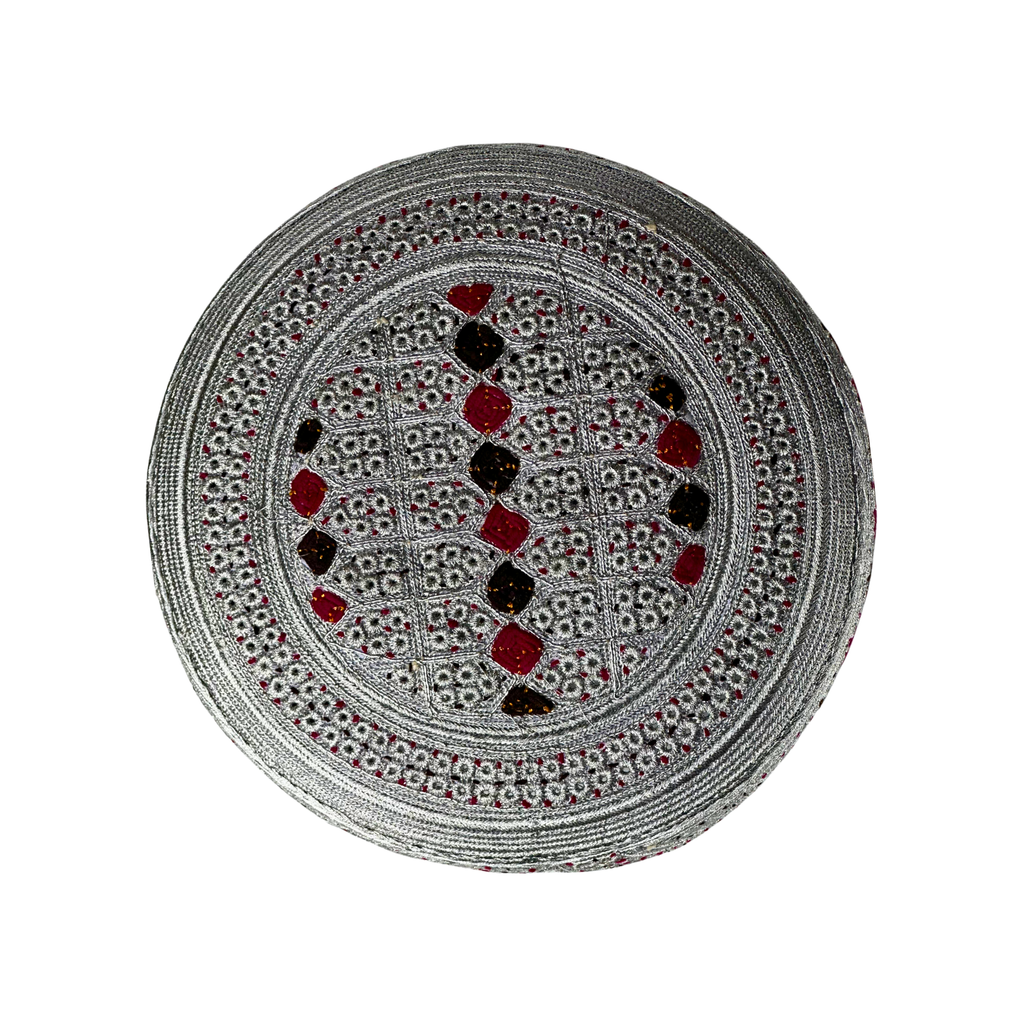 White Sindhi Topi - Pink Stitching - Purple And Pink Tikki - Raja Cap