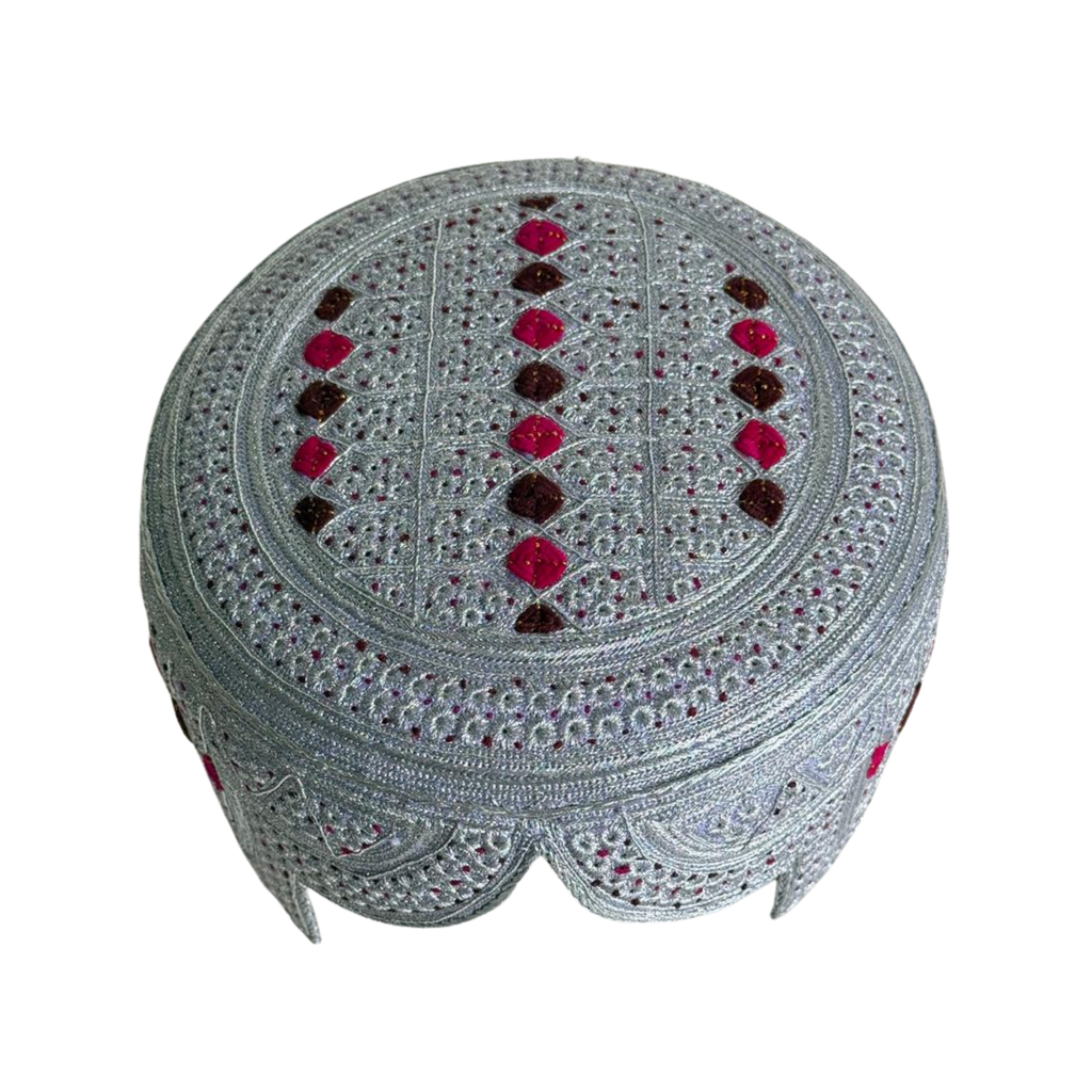 White Sindhi Topi - Pink Stitching - Brown and Pink Tikki - Raja Cap