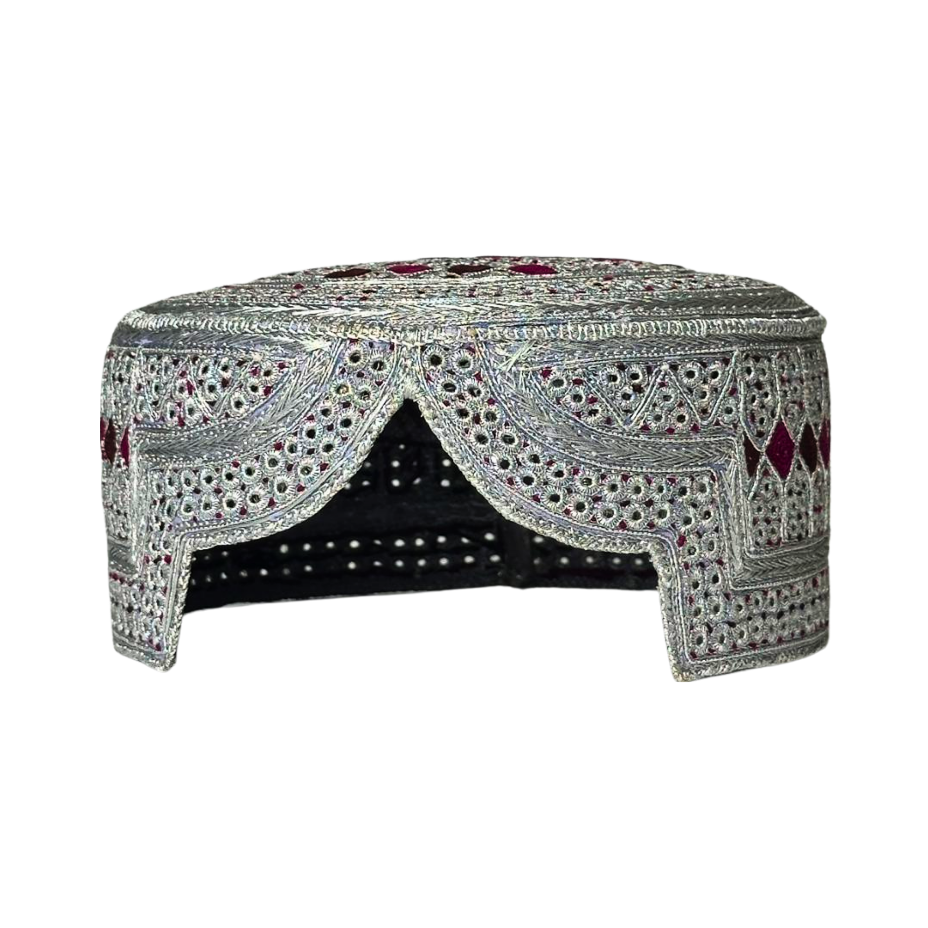White Sindhi Topi - Pink Stitching - Maroon And Dary Maroon Tikki - Raja Cap