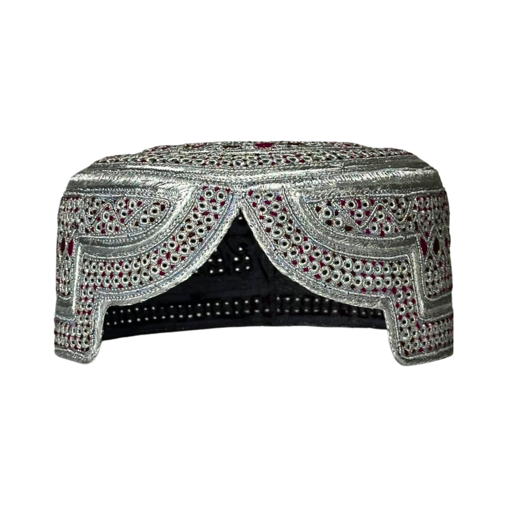 White Sindhi Topi - Maroon Stitching - Small RedAnd Maroon Tikki - Raja Cap