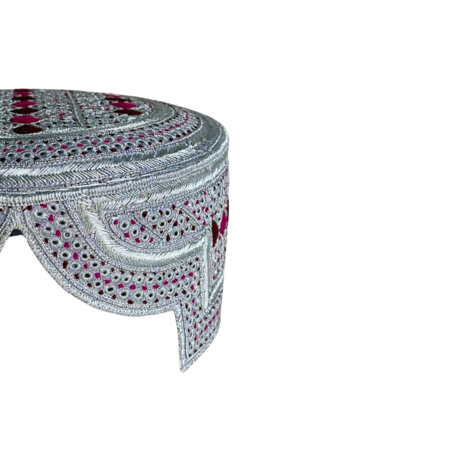 White Sindhi Topi - Pink Stitching - Maroon and Pink Tikki - Raja Cap