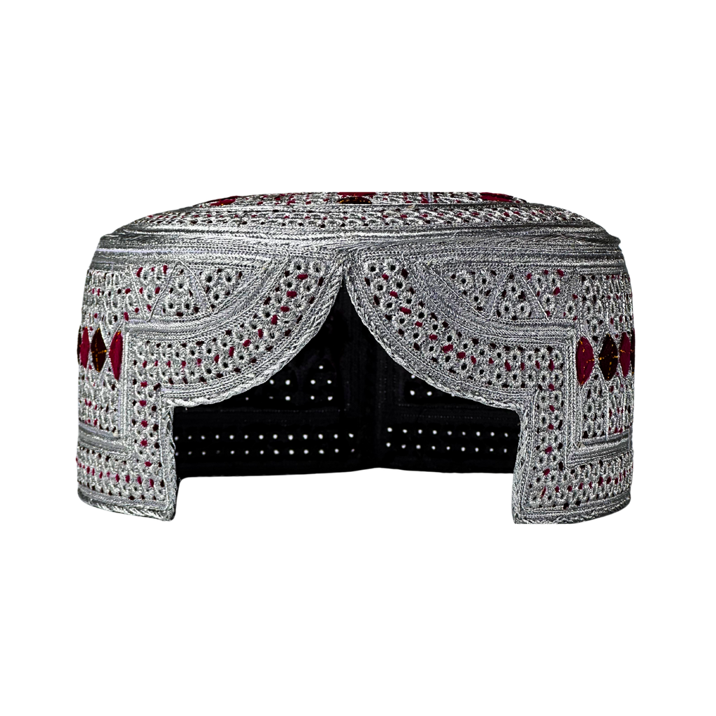 White Sindhi Topi - Pink Stitching - Black And Maroon Tikki - Raja Cap