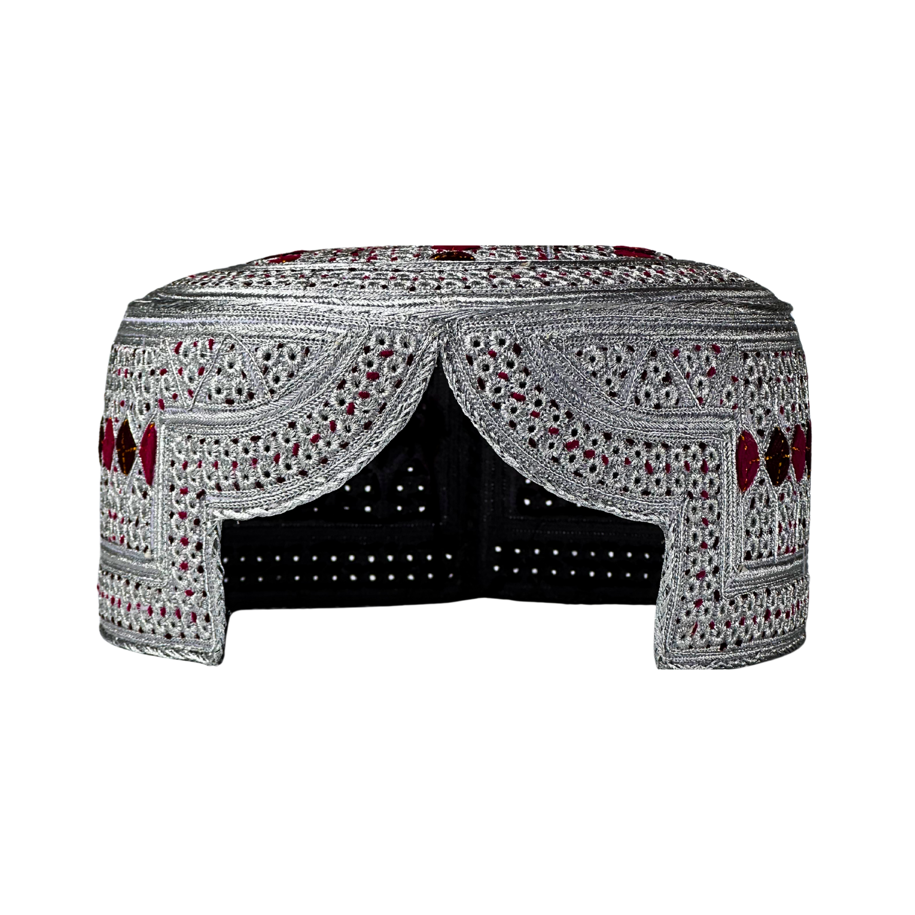 White Sindhi Topi - Pink Stitching - Black And Maroon Tikki - Raja Cap