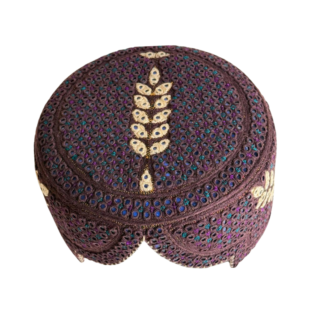 Maroon Sindhi Topi - Flower Design - Blue Shade - Nasir Bhai