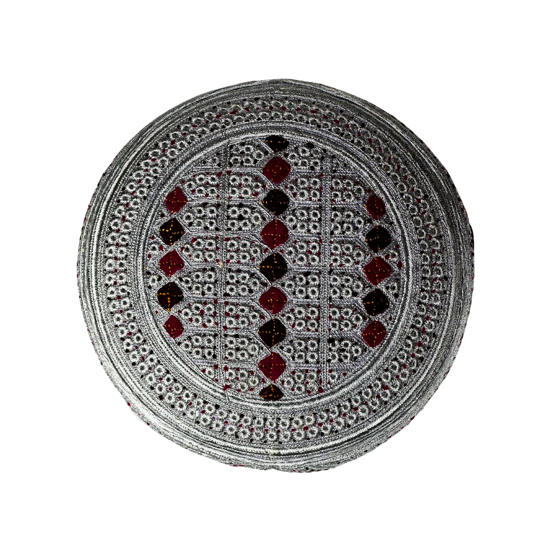 White Sindhi Topi - Pink Stitching - Black And Maroon Tikki - Raja Cap