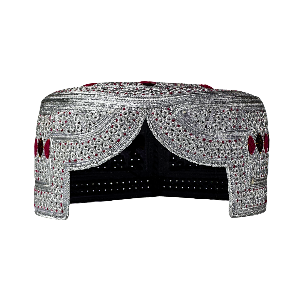 White Sindhi Topi - Maroon Stitching - Purple And Maroon Tikki - Raja Cap