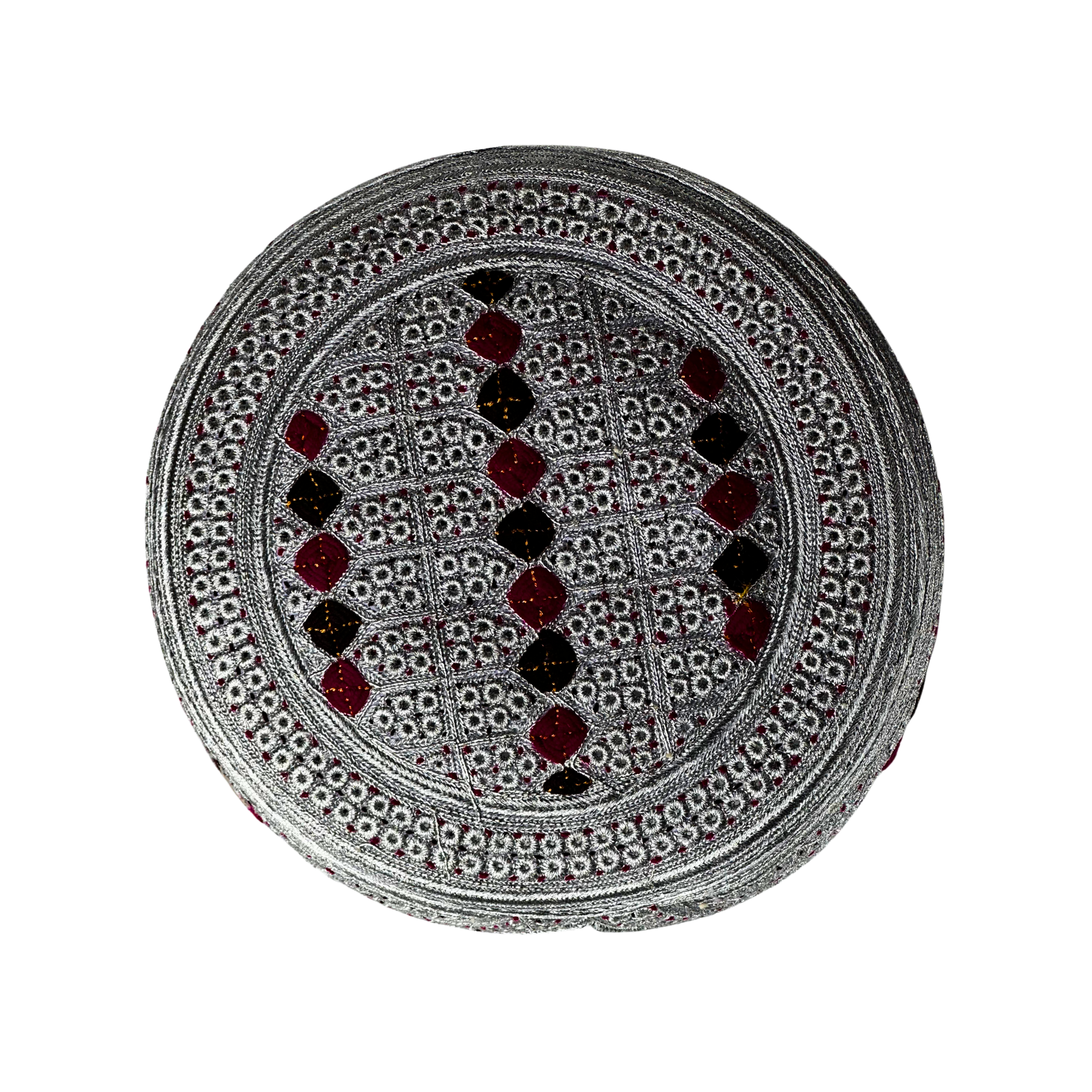 White Sindhi Topi - Maroon Stitching - Purple And Maroon Tikki - Raja Cap