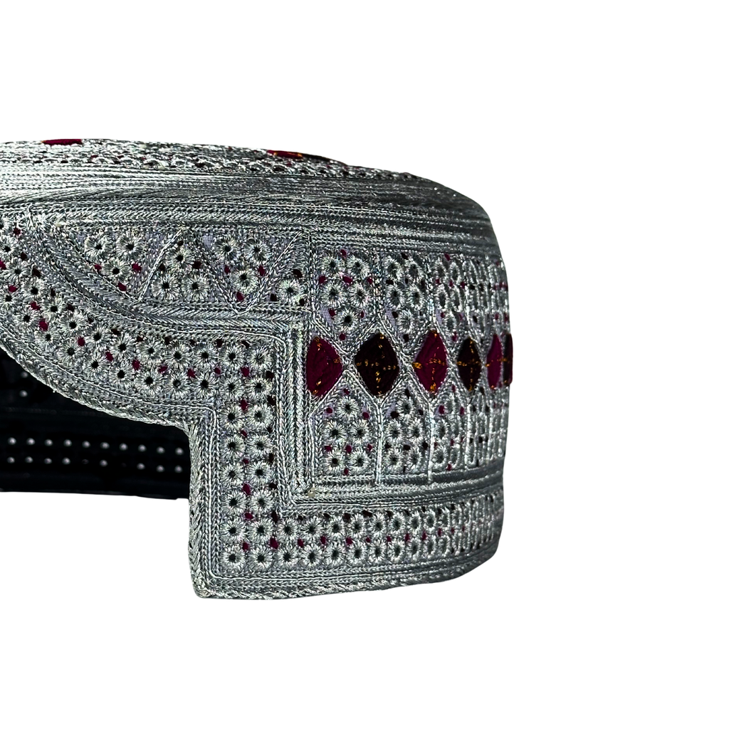 White Sindhi Topi - Pink Stitching - Red And Maroon Tikki - Raja Cap