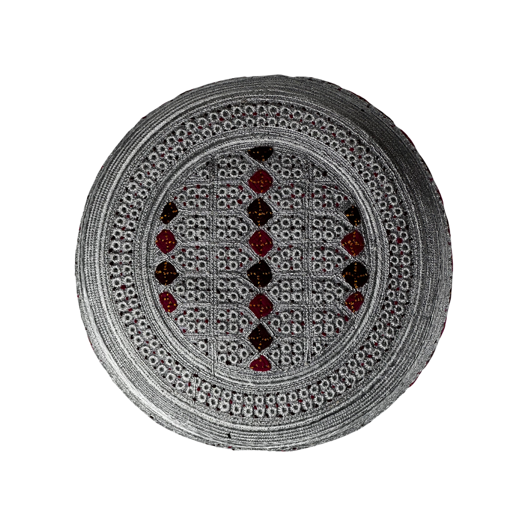 White Sindhi Topi - Pink Stitching - Red And Maroon Tikki - Raja Cap