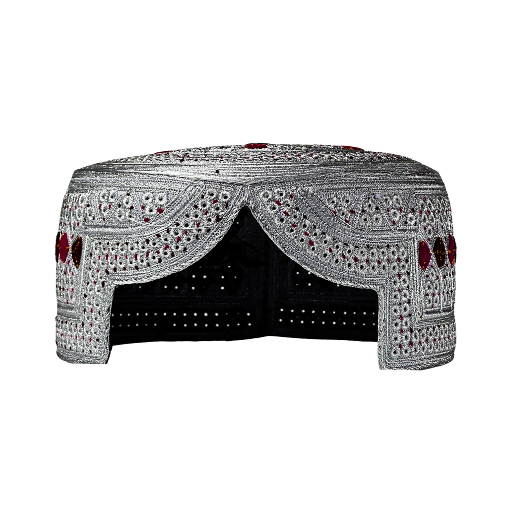 White Sindhi Topi - Pink Stitching - Red And Maroon Tikki - Raja Cap