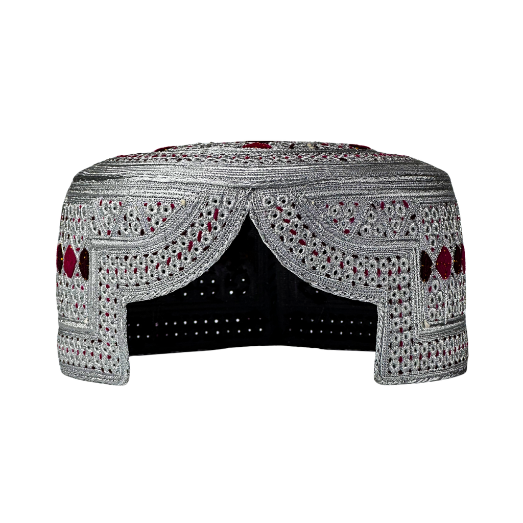 White Sindhi Topi - Maroon Stitching - Purple And Maroon Tikki - Raja Cap