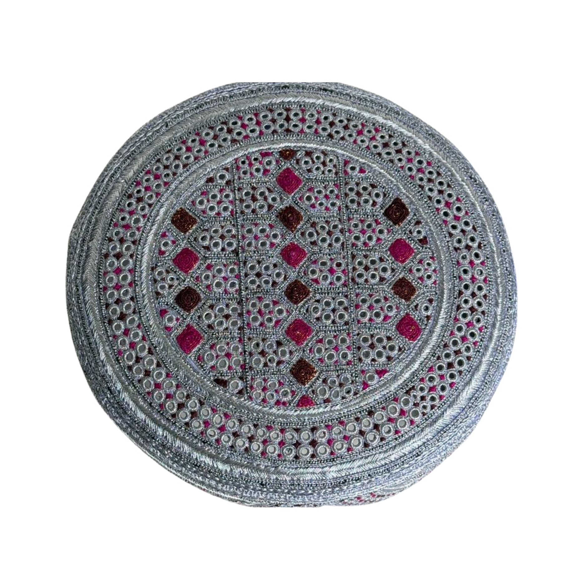 White Sindhi Topi - Stitching Pink and Brown -  Brown and Pink Tikki - Raja Cap