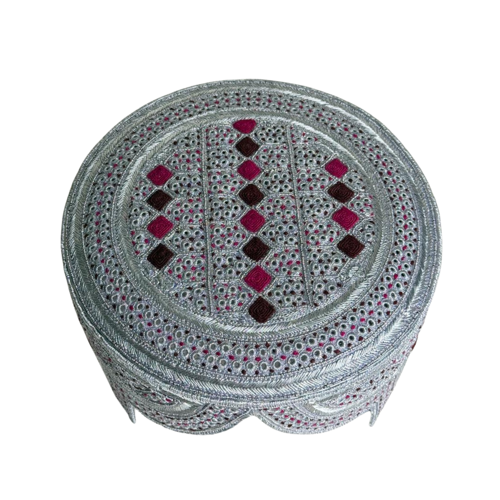White Sindhi Topi - Pink Stitching - Maroon and Pink Tikki - Raja Cap