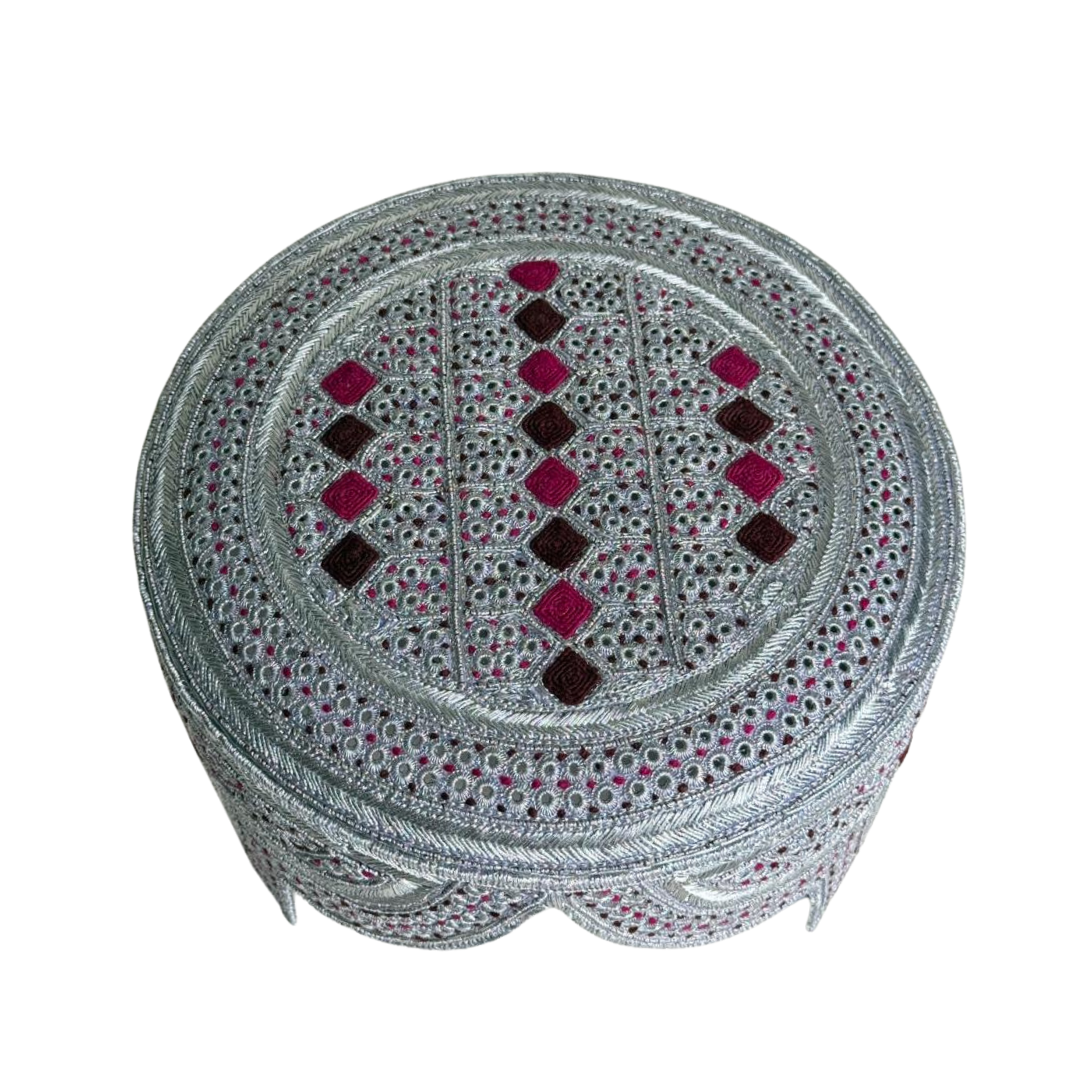 White Sindhi Topi - Pink Stitching - Maroon and Pink Tikki - Raja Cap