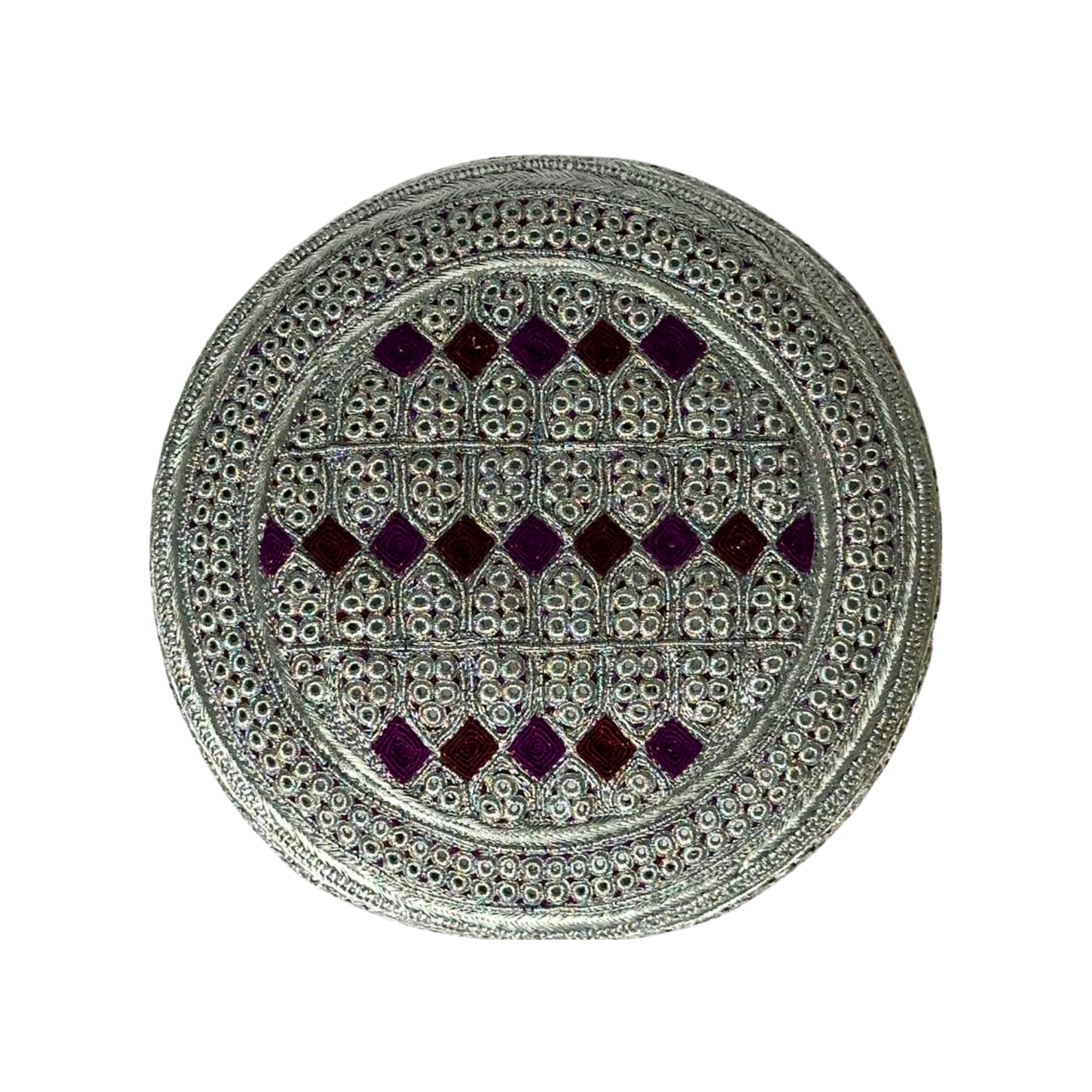 White Sindhi Topi - Pink Stitching - Purple And Maroon Tikki - Raja Cap