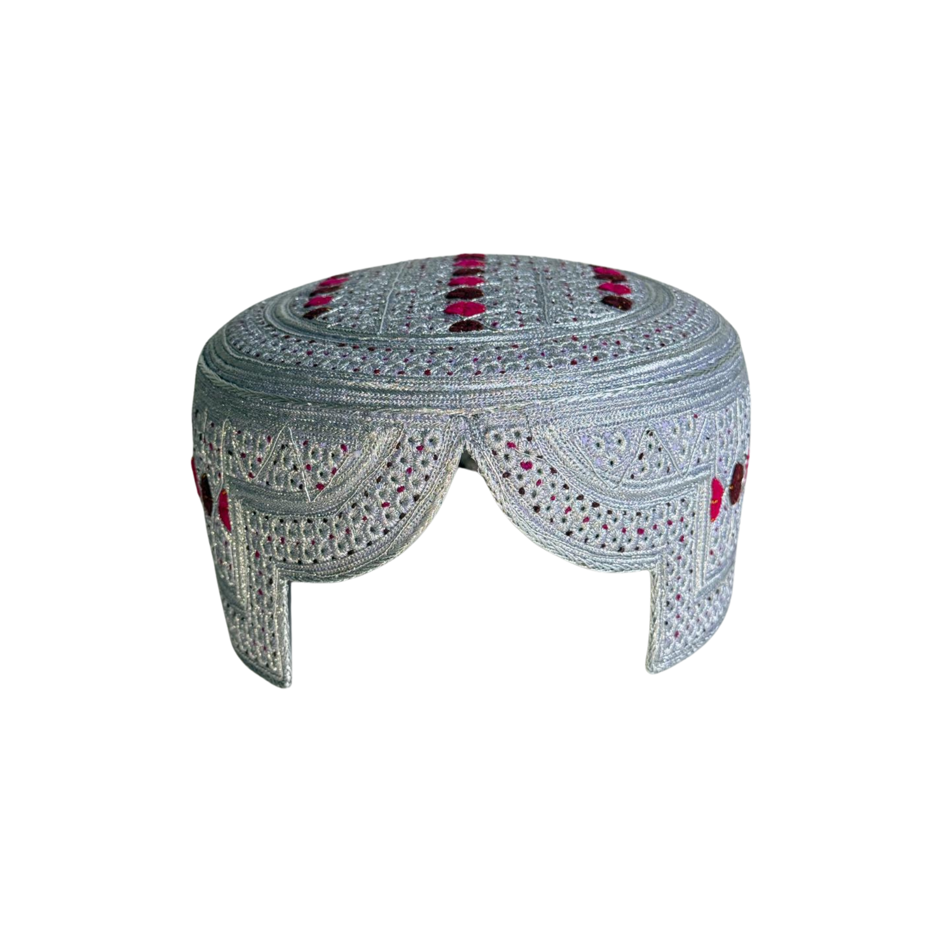 White Sindhi Topi - Pink Stitching - Brown and Pink Tikki - Raja Cap