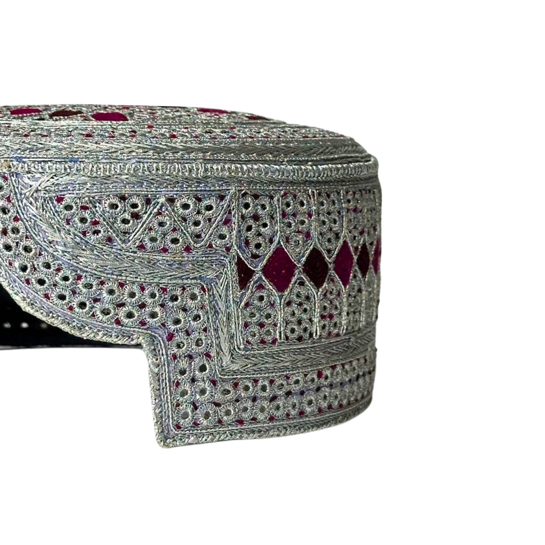 White Sindhi Topi - Pink Stitching - Maroon And Dary Maroon Tikki - Raja Cap