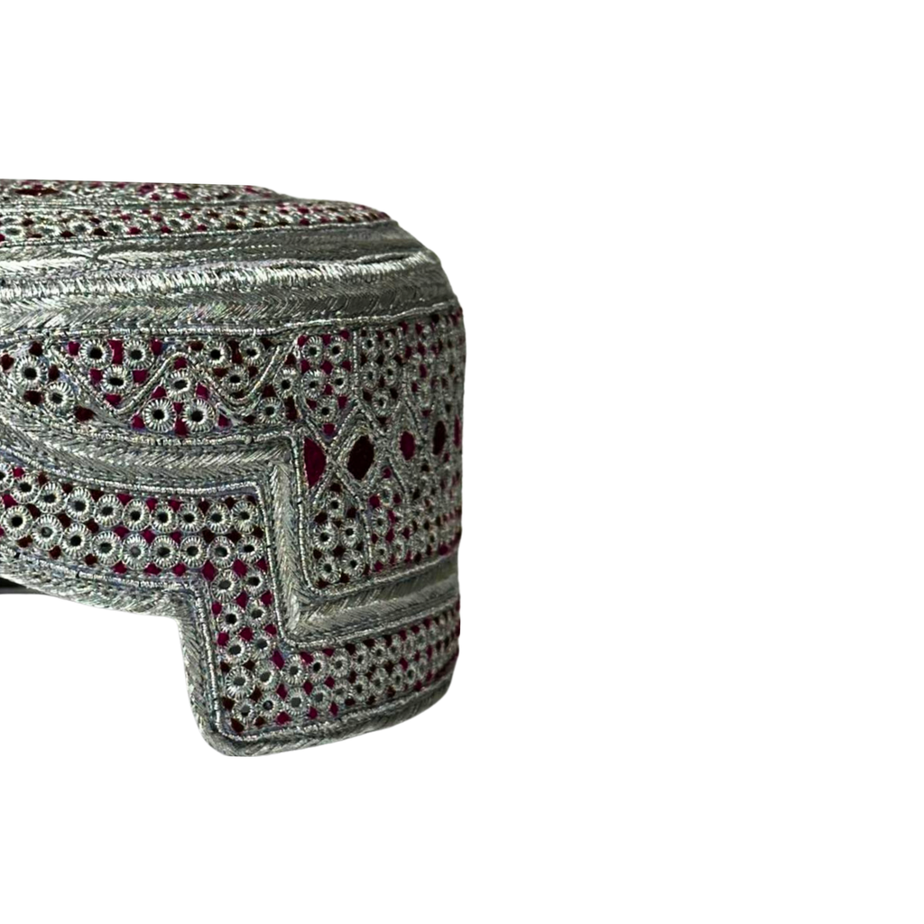 White Sindhi Topi - Maroon Stitching - Small RedAnd Maroon Tikki - Raja Cap