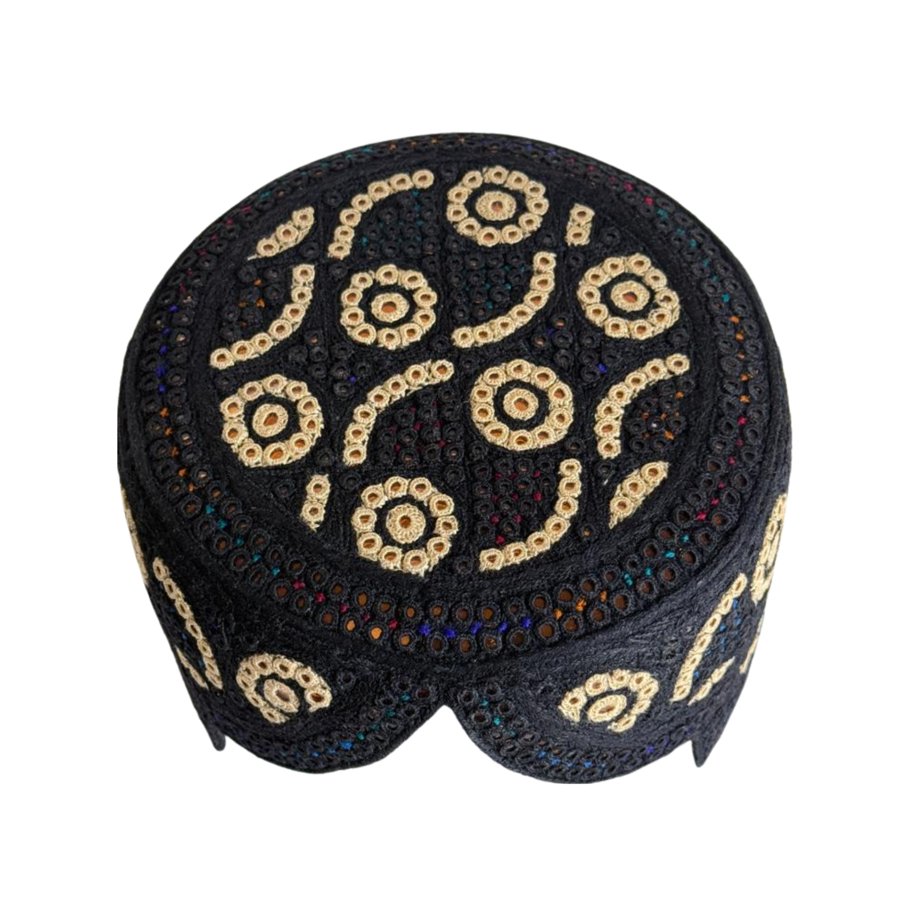 Black Sindhi Topi - Flower Design - Golden Shade - Nasir Bhai