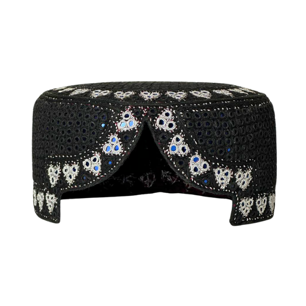 Black Sindhi Topi - Heart Design - Blue Shade - Nasir Bhia