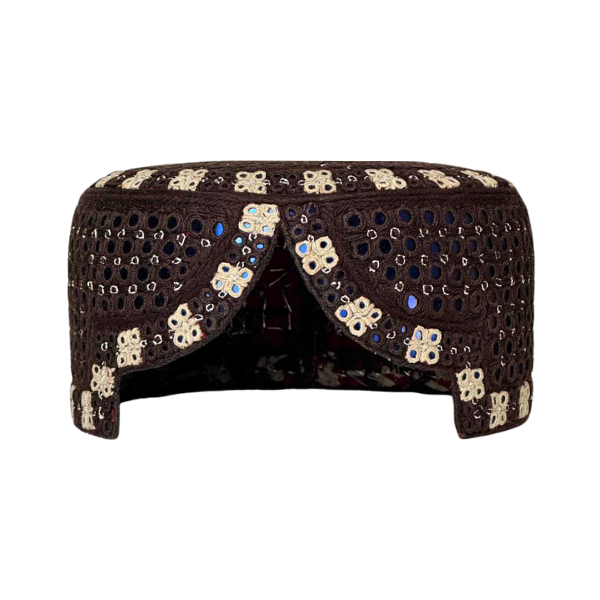 Brown Sindhi Topi - Flower Design - Blue Shade - Nasir Bhai