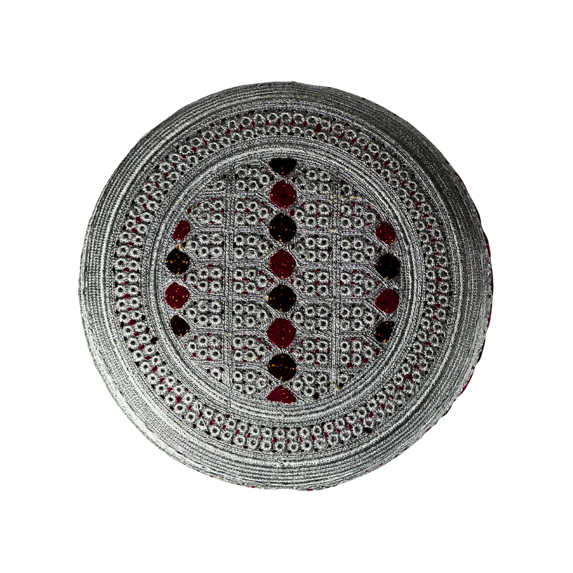White Sindhi Topi - Maroon Stitching - Purple And Maroon Tikki - Raja Cap