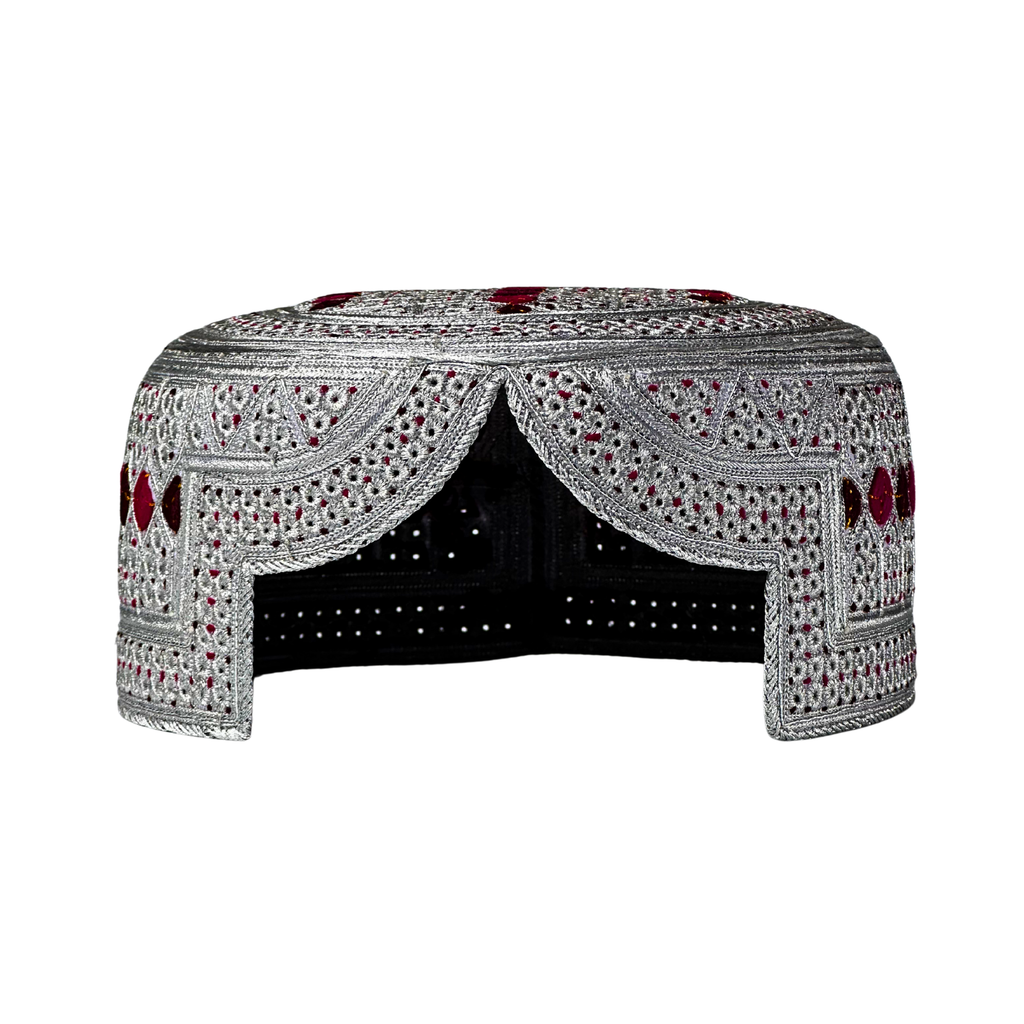 White Sindhi Topi - Pink Stitching - Pink And Maroon Tikki -  Raja Cap