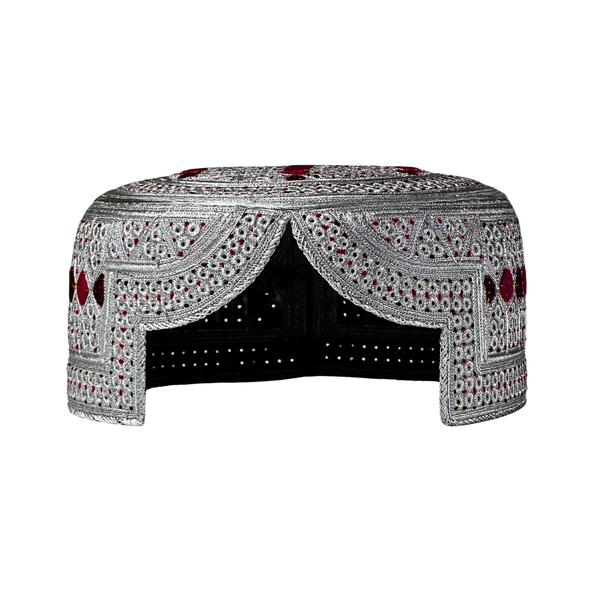 White Sindhi Topi - Pink Stitching - Pink And Maroon Tikki -  Raja Cap