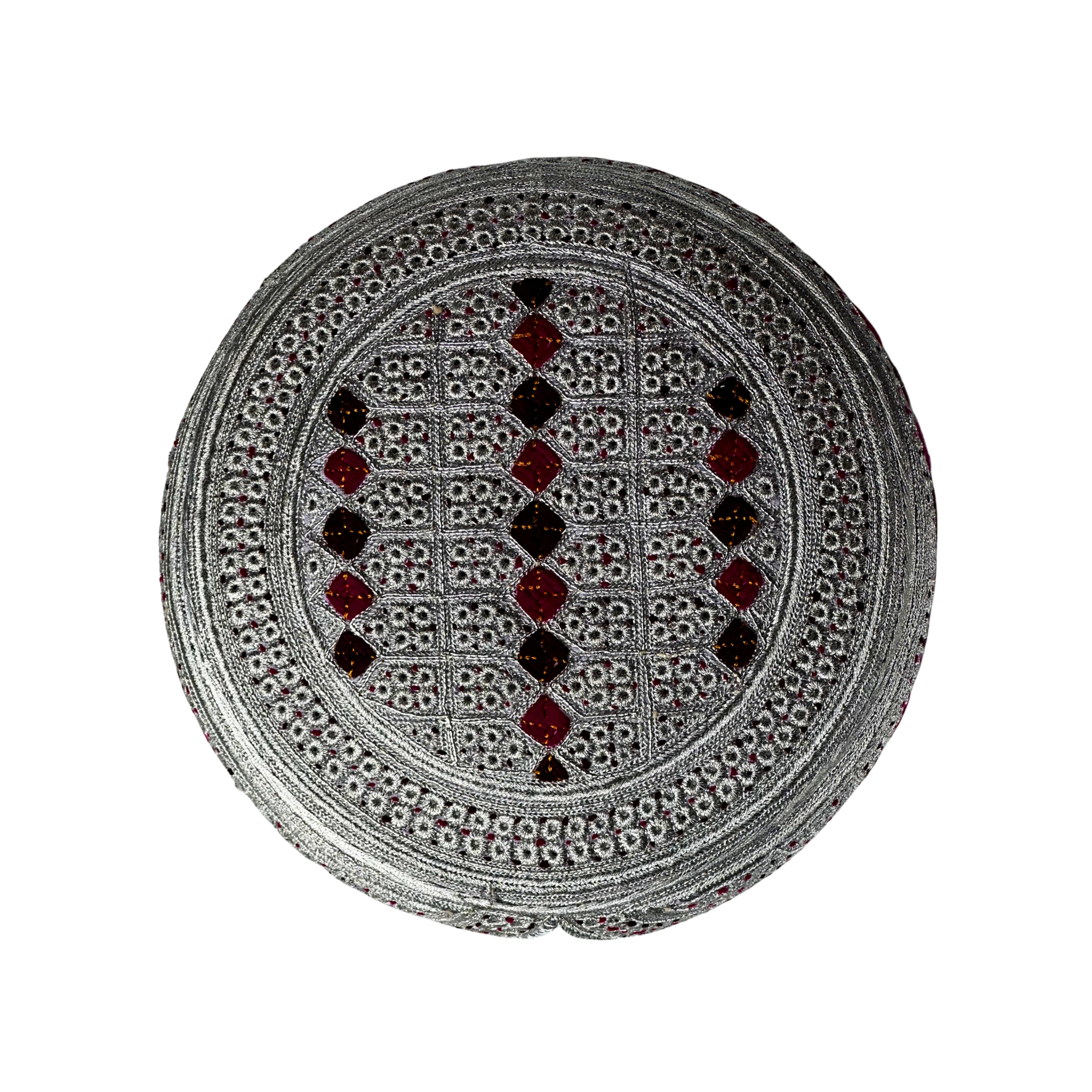 White Sindhi Topi - Pink Stitching - Pink And Maroon Tikki -  Raja Cap
