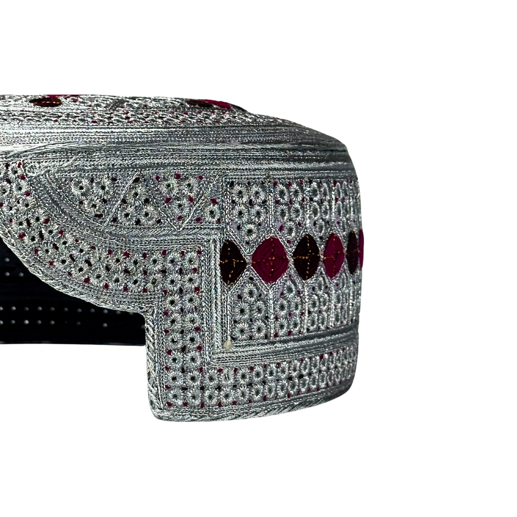 White Sindhi Topi - Pink Stitching - Purple And Pink -  Raja Cap