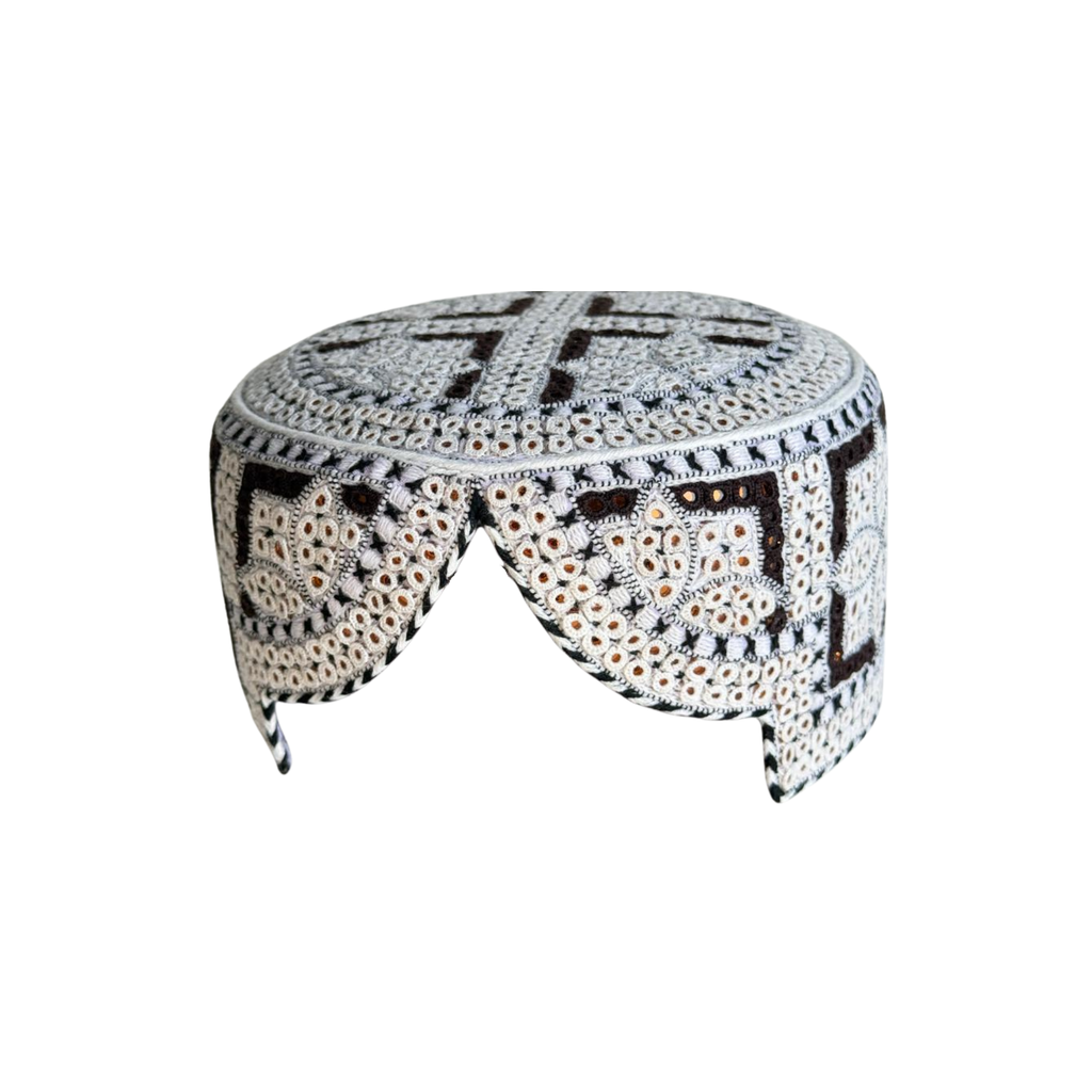White Sindhi Topi -  Flower Design - Golden Shade - Nasir Bhai