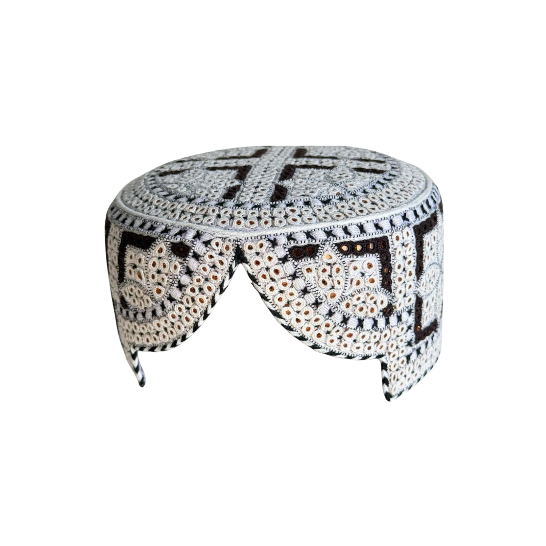 White Sindhi Topi -  Flower Design - Golden Shade - Nasir Bhai