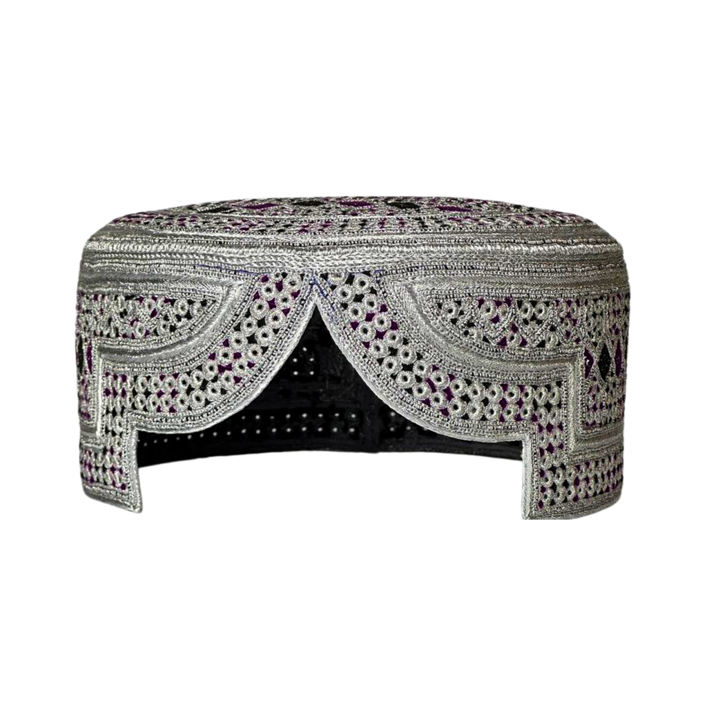 White Sindhi Topi - Pink Stitching - Purple And Green Tikki - Raja Cap
