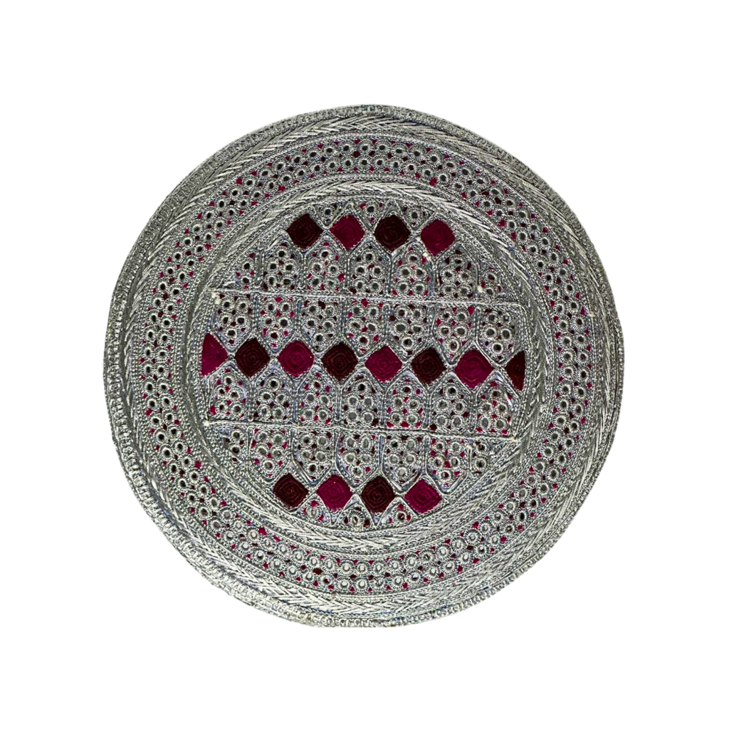 White Sindhi Topi - Pink Stitching - Maroon And Dary Maroon Tikki - Raja Cap